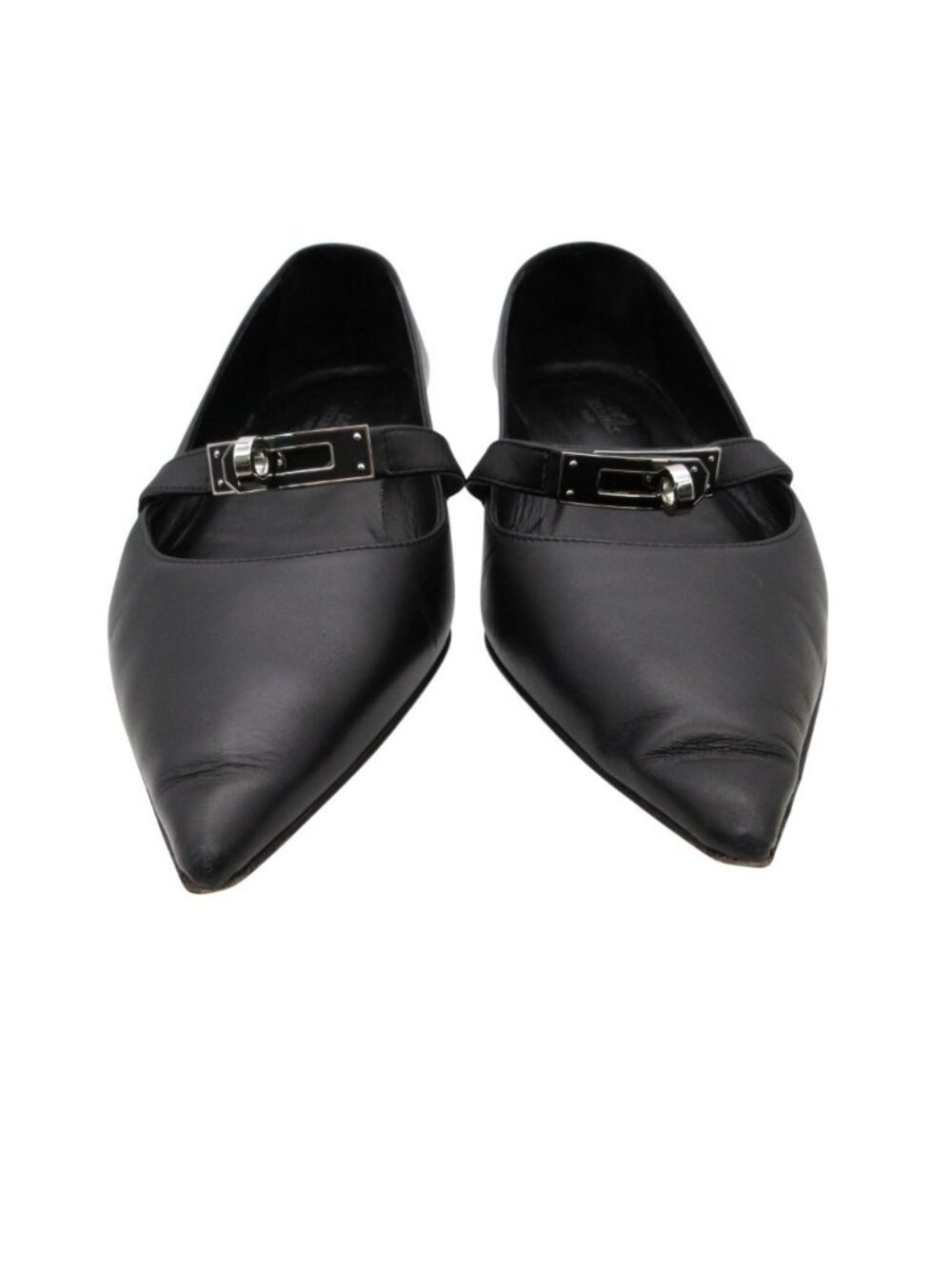 Hermes Pumps Ballet Shoes Kelly Pointed Toe Flat Metal Buckle Calf Leather